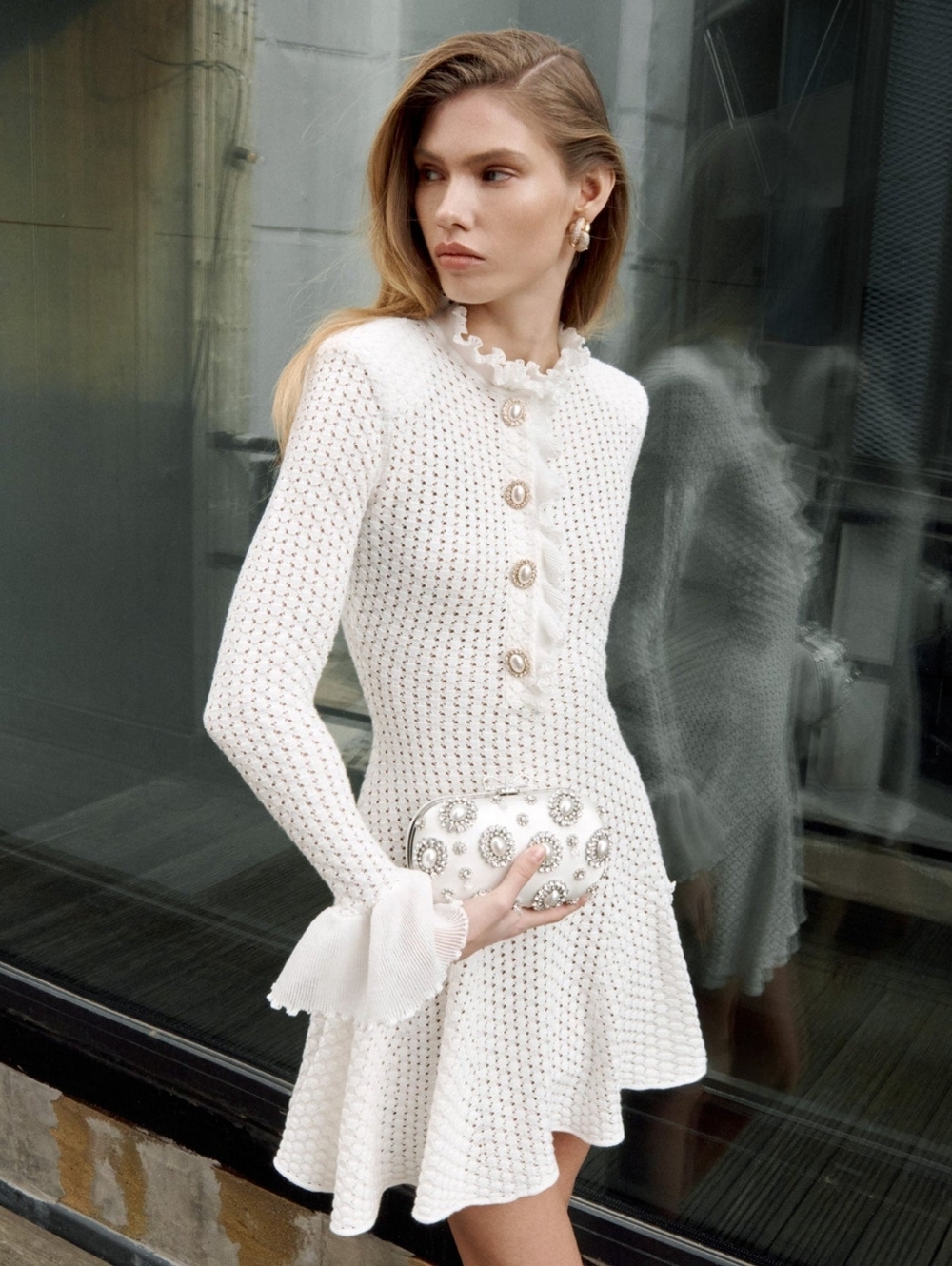 Self Potrait White Pointelle Knit Mini Dress